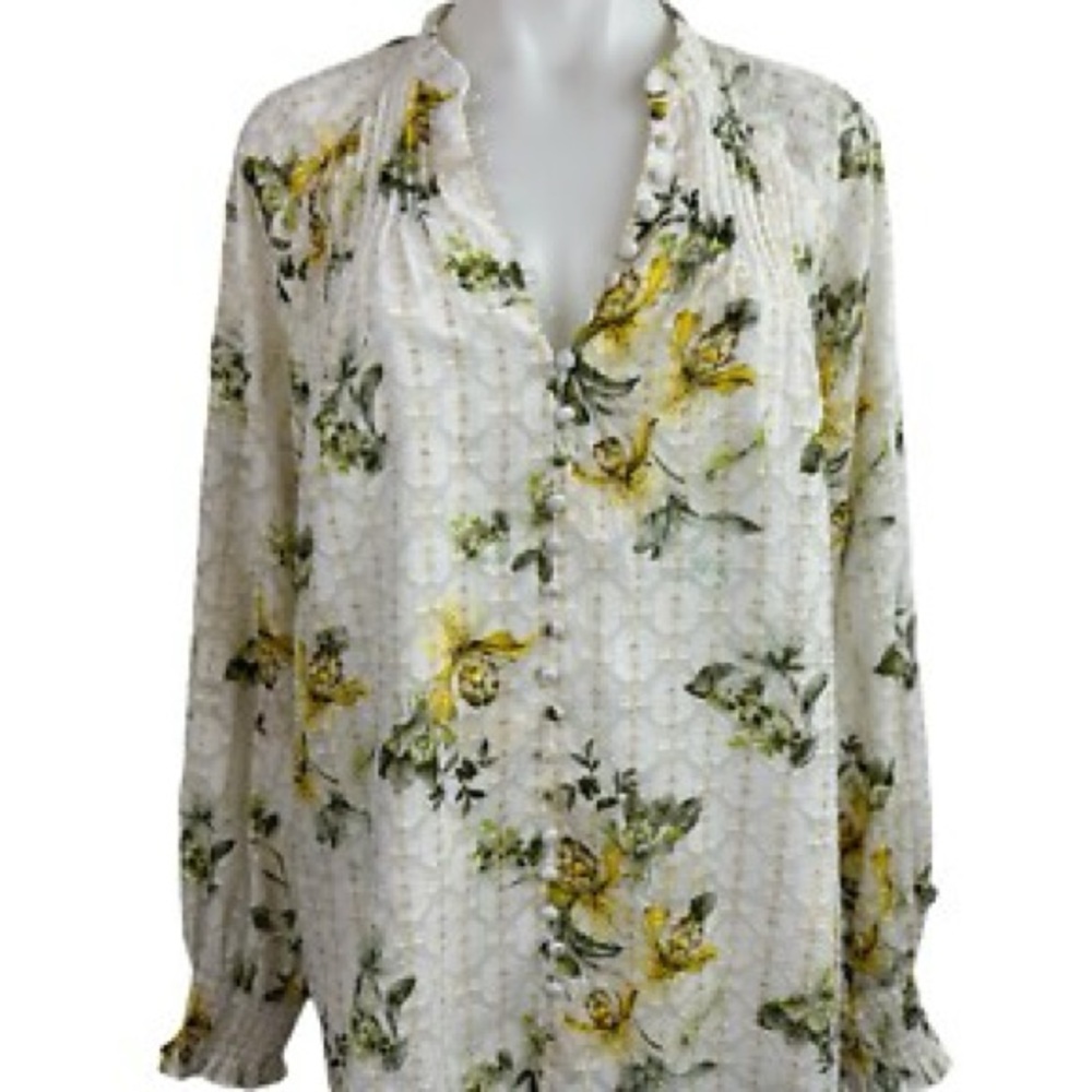 White House Black Market Floral Blouse - White and Yellow